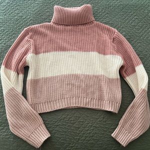 Cropped pink stripe turtle neck sweater